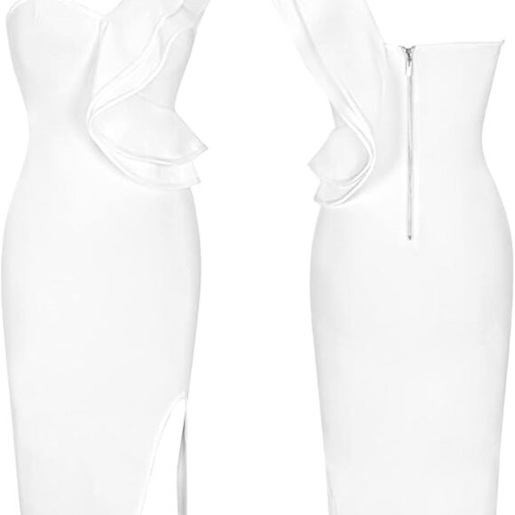 Uonbox Women's S, L White One Shoulder Sleeveless Side Split Bandage Dress - Picture 4 of 10